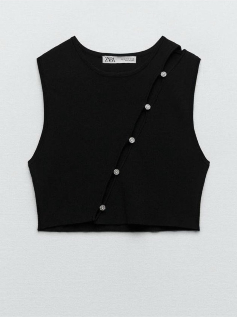 Zara Black Cropped Tank Top with Diagonal Rhinestone Buttons